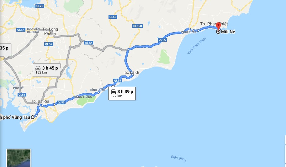 Mũi Né đi Vũng Tàu bao nhiêu km?